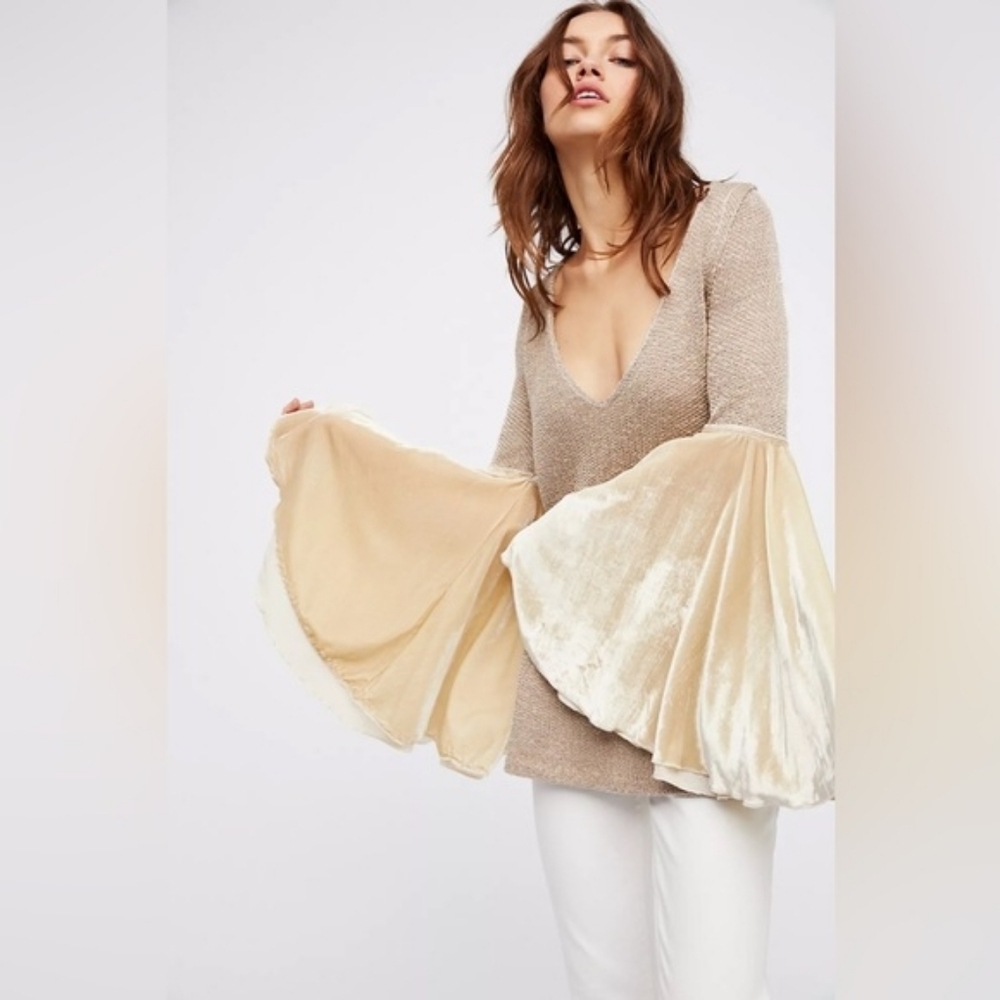 Free People Celestial Angelic Flare Sleeve Cream Gold Metallic Top